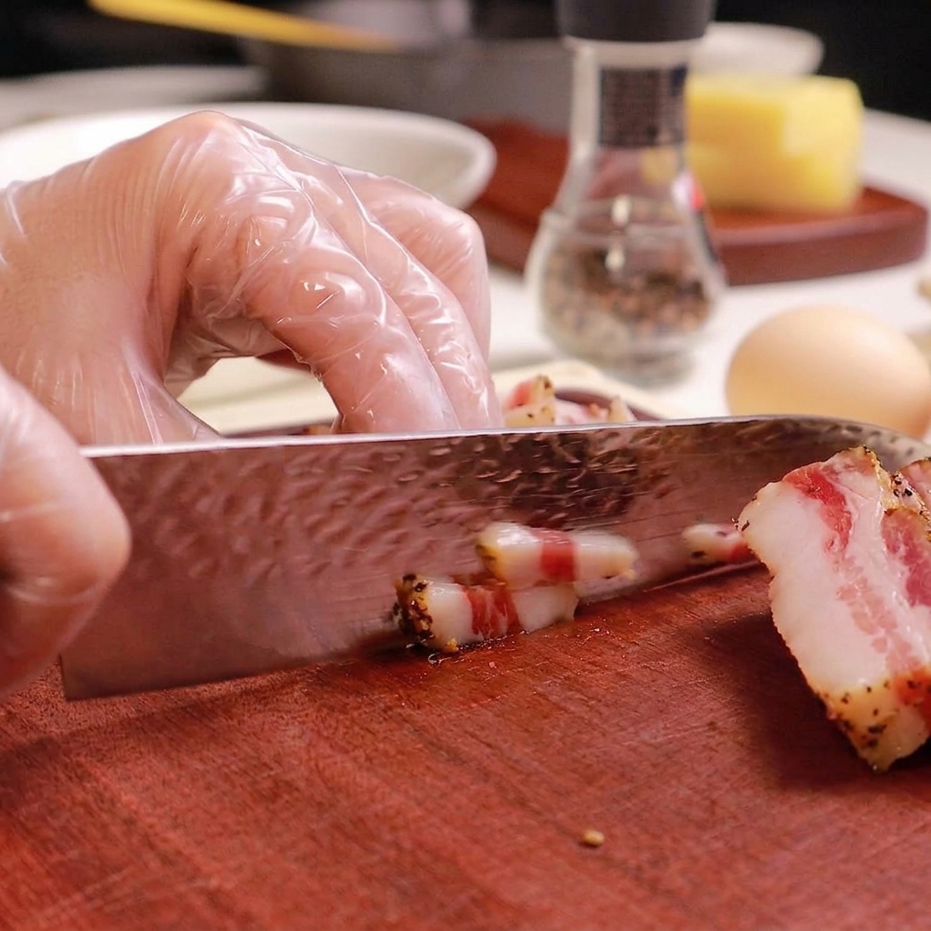 Dettaglio di un coltello che riduce le fette di guanciale in striscioline uniformi.
