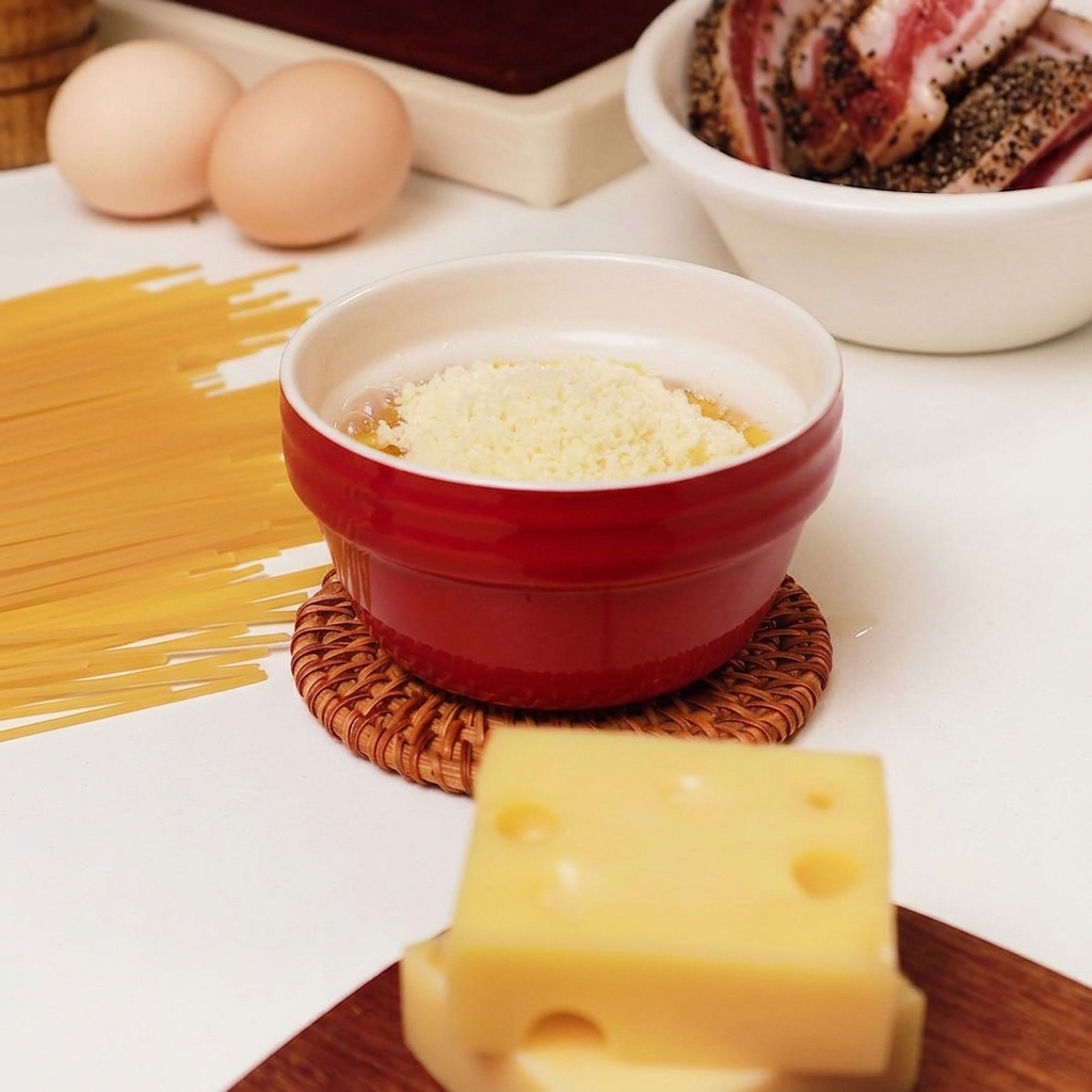 Una manciata di pecorino grattugiato sopra le uova in una ciotola.