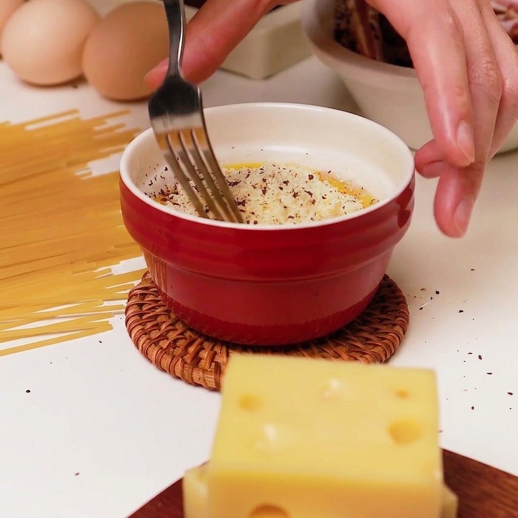 Una forchetta che sbatte uova, formaggio e pepe in una ciotolina rossa.