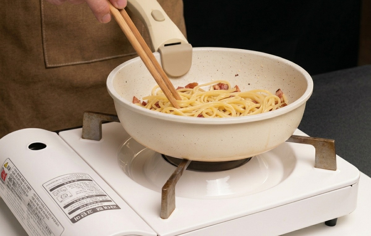 Spaghetti e guanciale saltati insieme in padella con delle bacchette di legno.