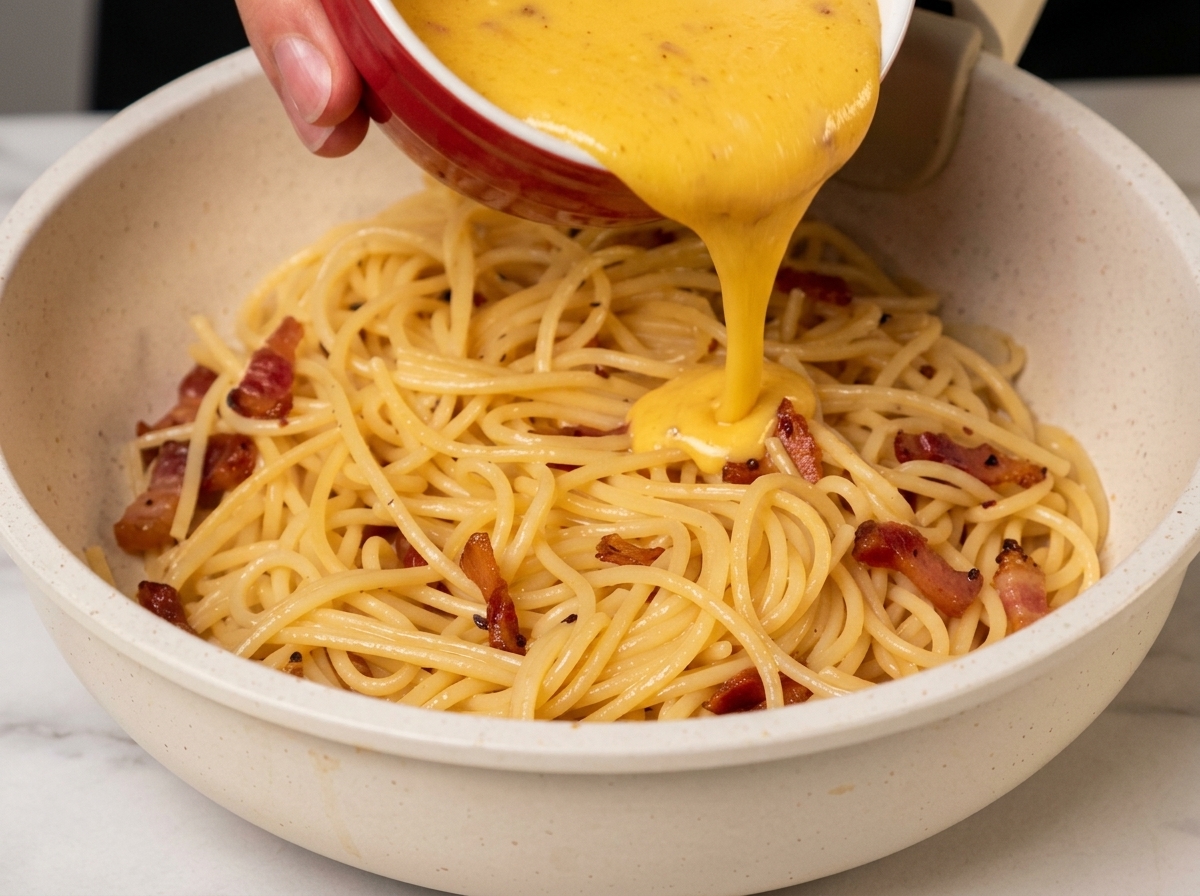 Crema gialla di uova e formaggio versata sopra gli spaghetti in padella.