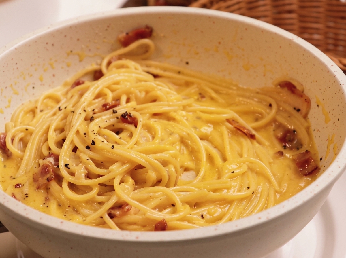 Spaghetti perfettamente avvolti da una crema lucida di uova e pecorino.