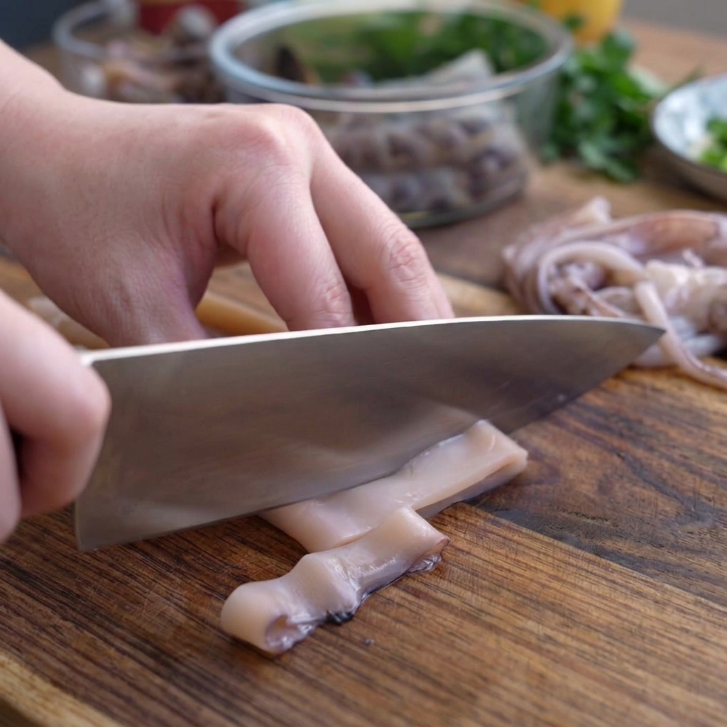Una mano usa un coltello da chef per tagliare un mantello di calamaro pulito in anelli regolari su un tagliere in legno.