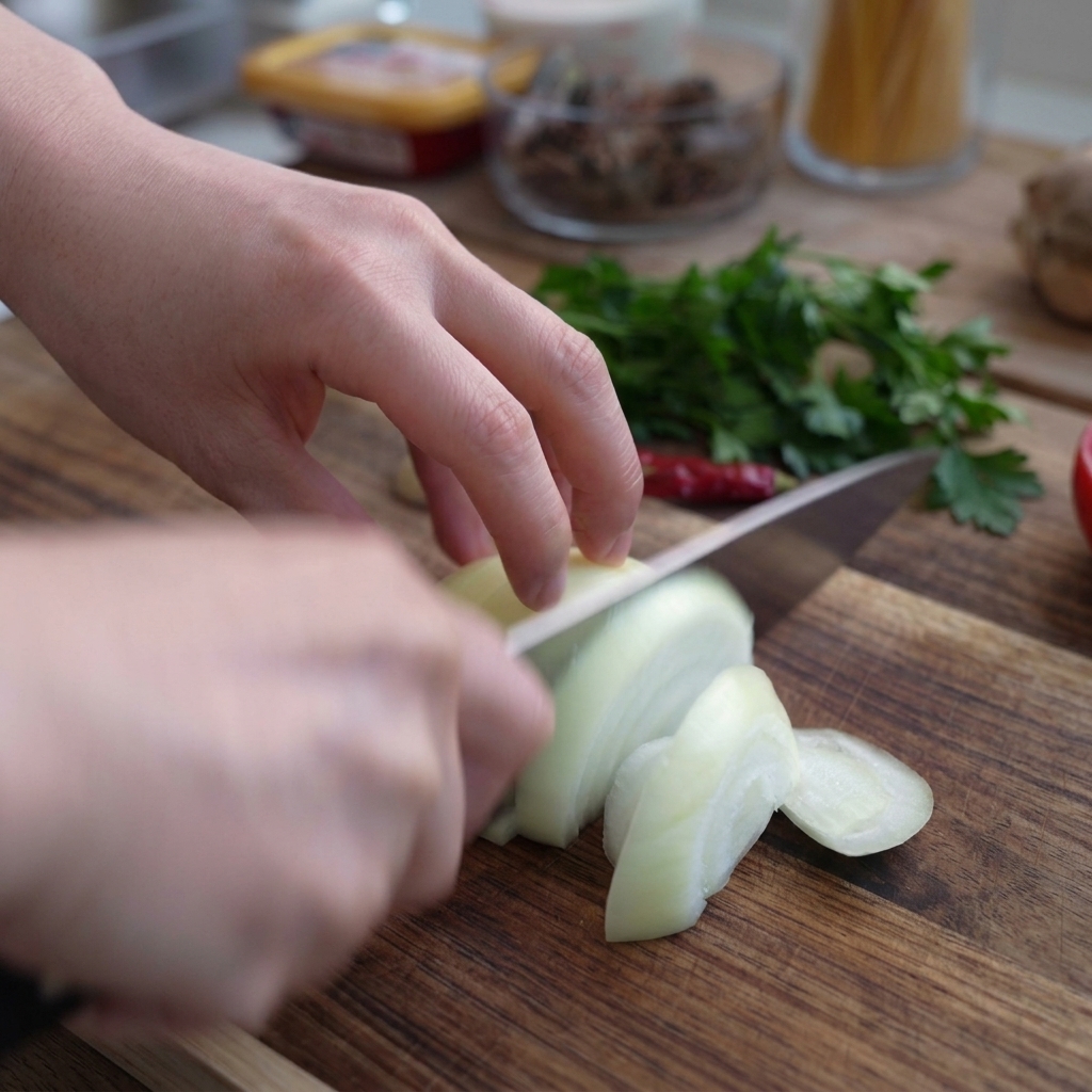 Mani che affettano mezza cipolla bianca in strisce sottili con un coltello da chef.