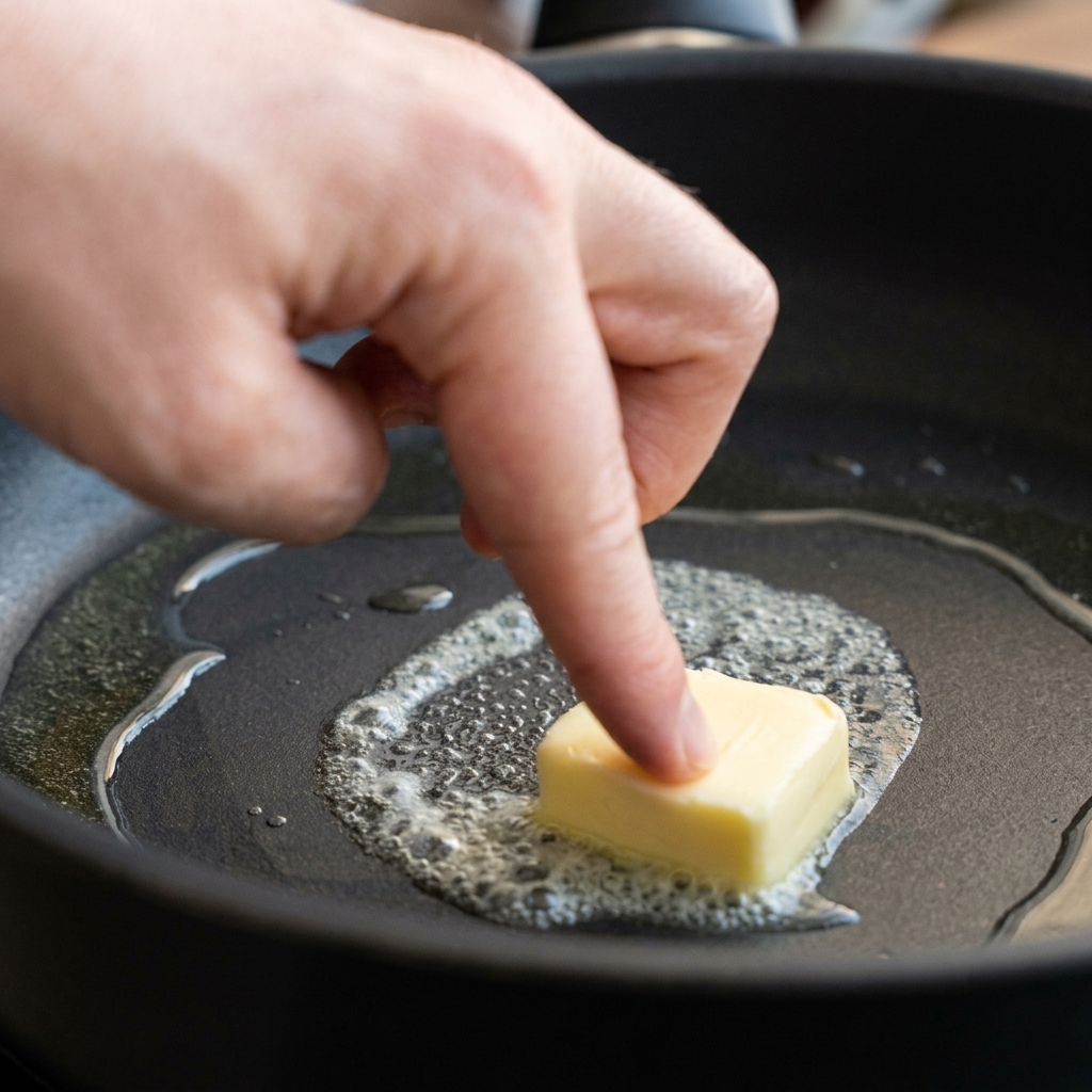 Un dito che spinge una noce di burro in una padella nera con un filo dolio.