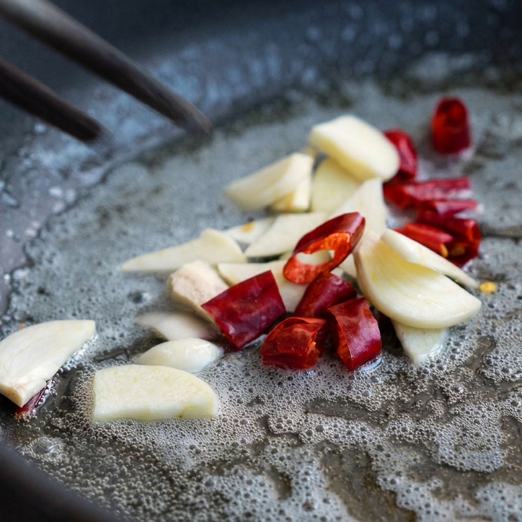 Aglio affettato e peperoncini secchi che sfrigolano nel burro fuso mentre vengono mescolati con le bacchette.