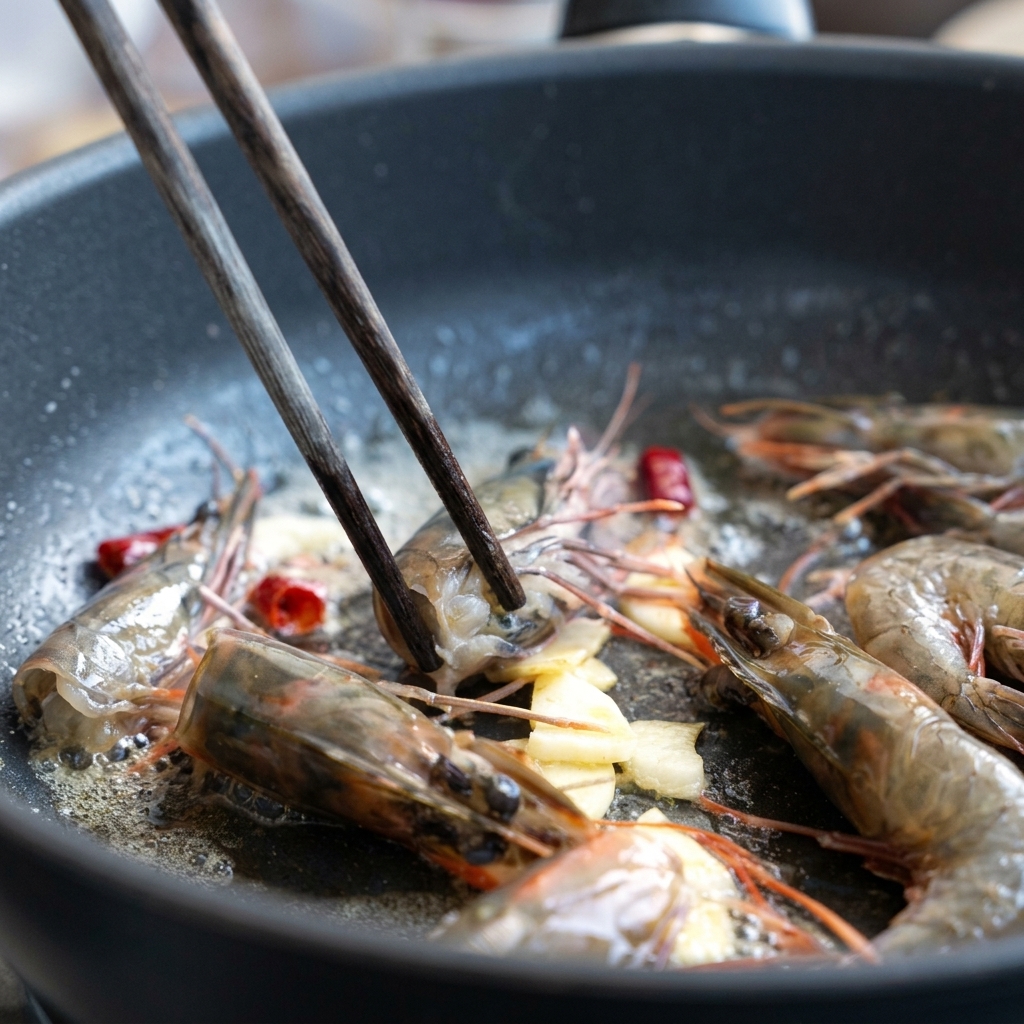 Teste di gambero che friggono con aglio e peperoncino, rilasciando un olio dal colore arancione intenso.