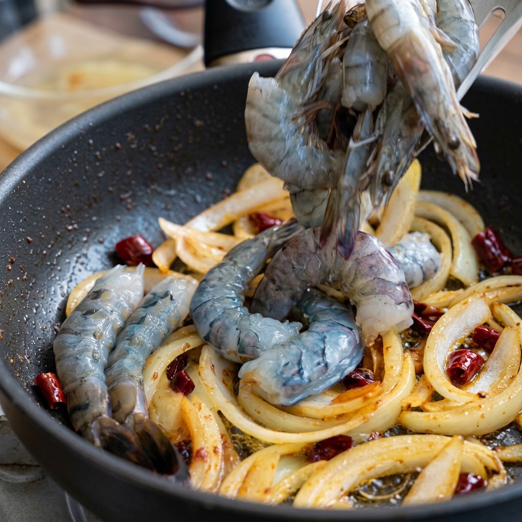Mazzancolle pulite e crude aggiunte in una padella calda con cipolle e peperoncino usando delle pinze.