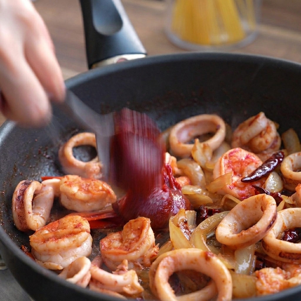 Una spatola aggiunge un cucchiaio colmo di pasta di peperoncino coreana rosso scuro in padella con il pesce.