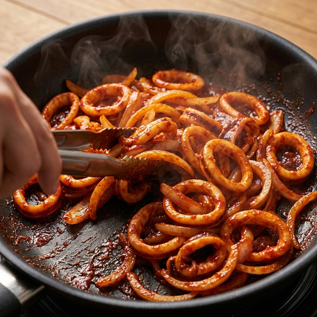 Pinze che mescolano anelli di calamaro e gamberi interamente ricoperti dalla pasta di peperoncino rossa.