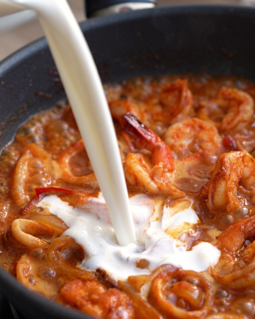 Un rivolo bianco di latte e panna versato in una padella di frutti di mare piccanti che sfrigolano.