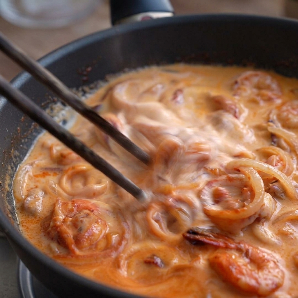 Bacchette in legno che mescolano una salsa arancione cremosa e bollente con gamberi e calamari.