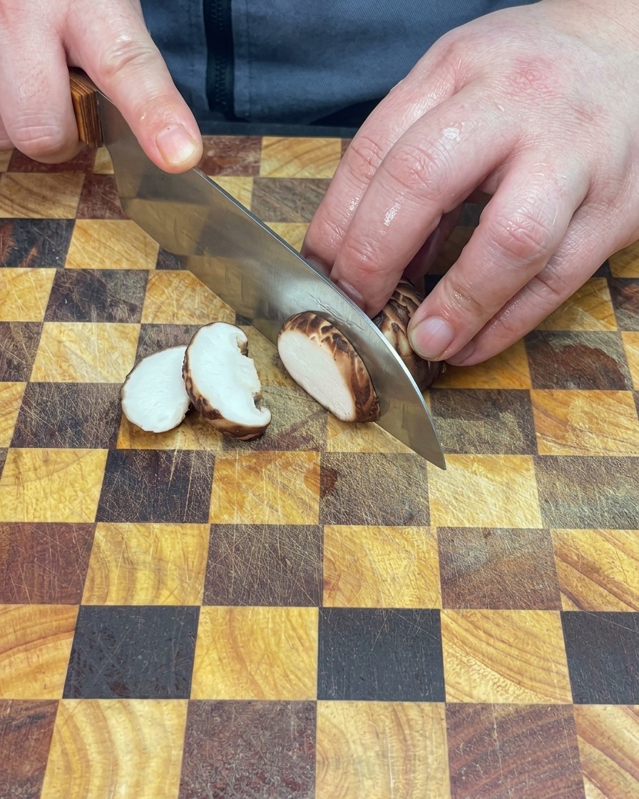 Uno chef che affetta con cura funghi champignon bianchi freschi su un tagliere di legno a scacchi.