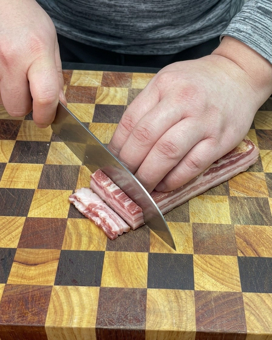 Chef che usa un coltello affilato per tagliare strisce di bacon marmorizzato a cubetti su un tagliere.