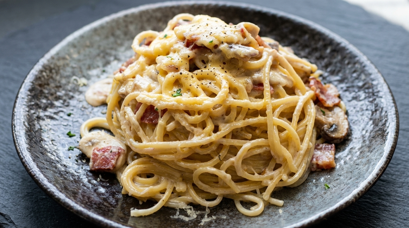 Carbonara Cremosa con Funghi e Bacon