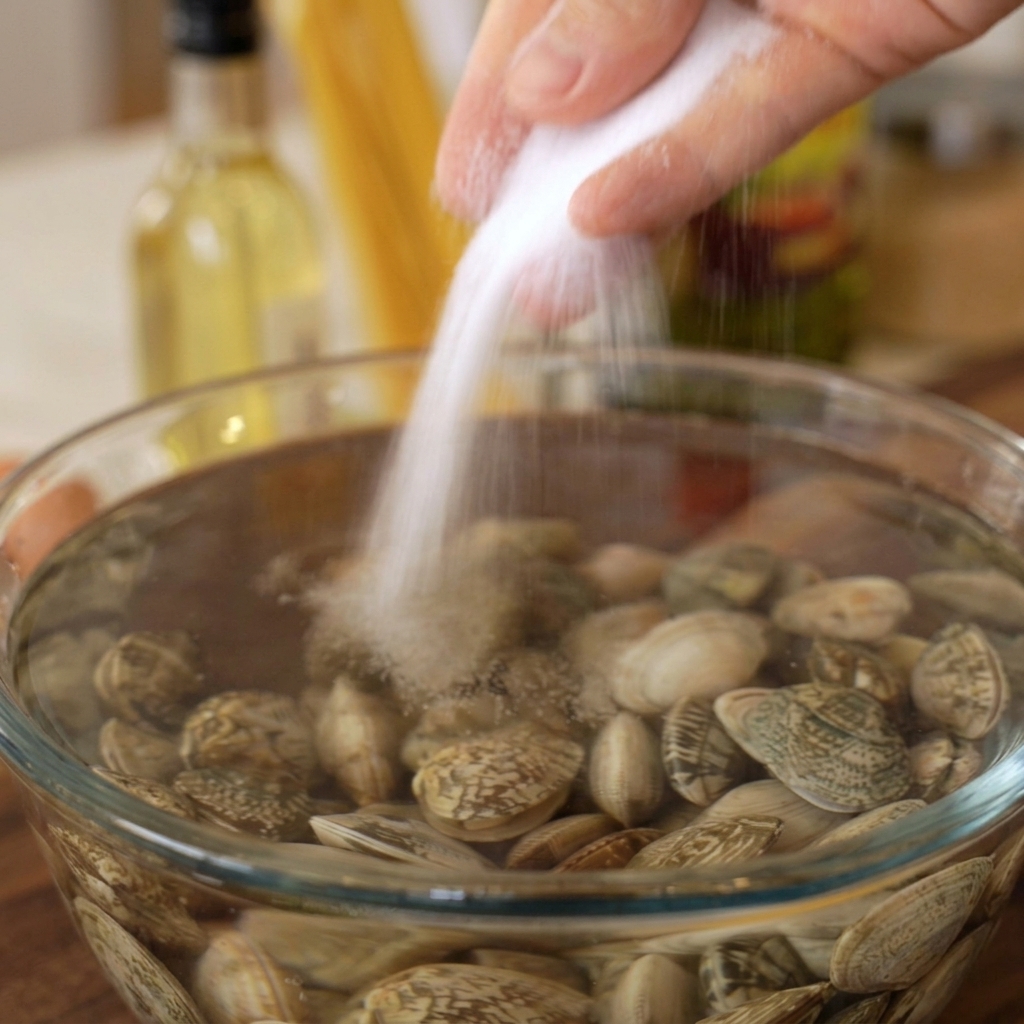 Una mano che versa generosamente sale in una ciotola dacqua fredda piena di vongole crude.