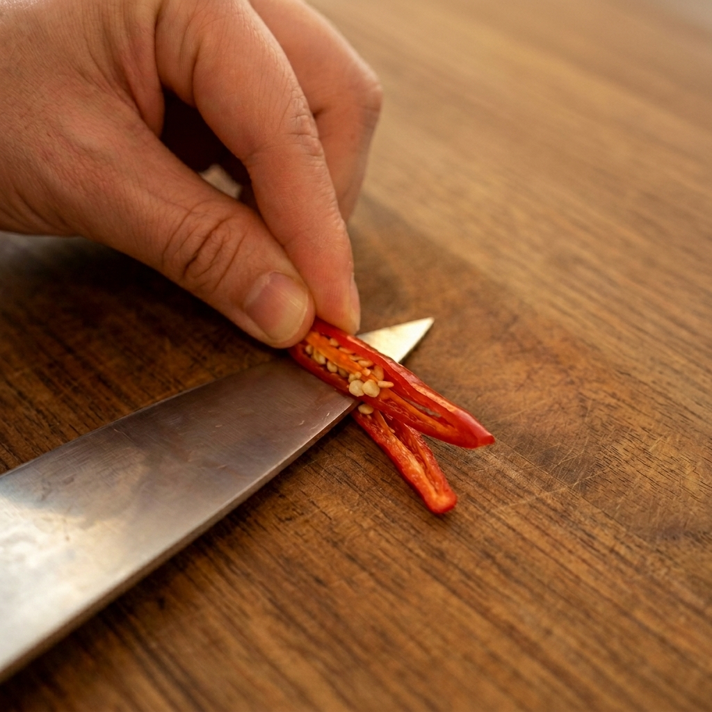 Una mano che tiene un peperoncino rosso tagliato a metà mentre usa un coltello per rimuovere i semi interni.
