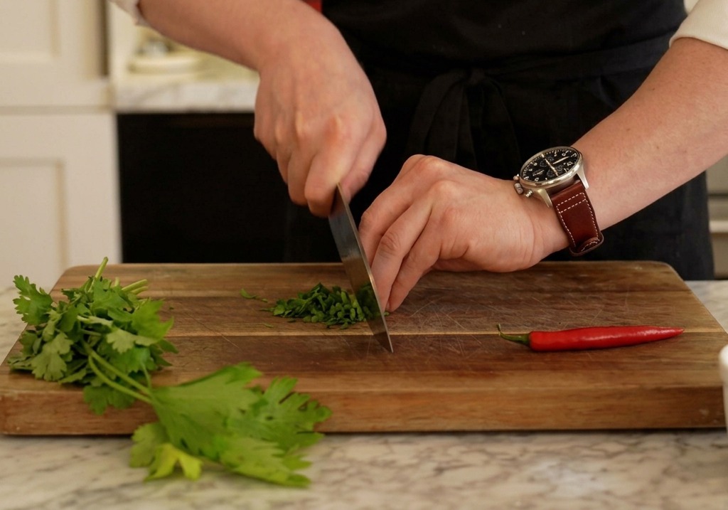 Uno chef che trita finemente prezzemolo fresco su un tagliere di legno accanto a un peperoncino rosso.