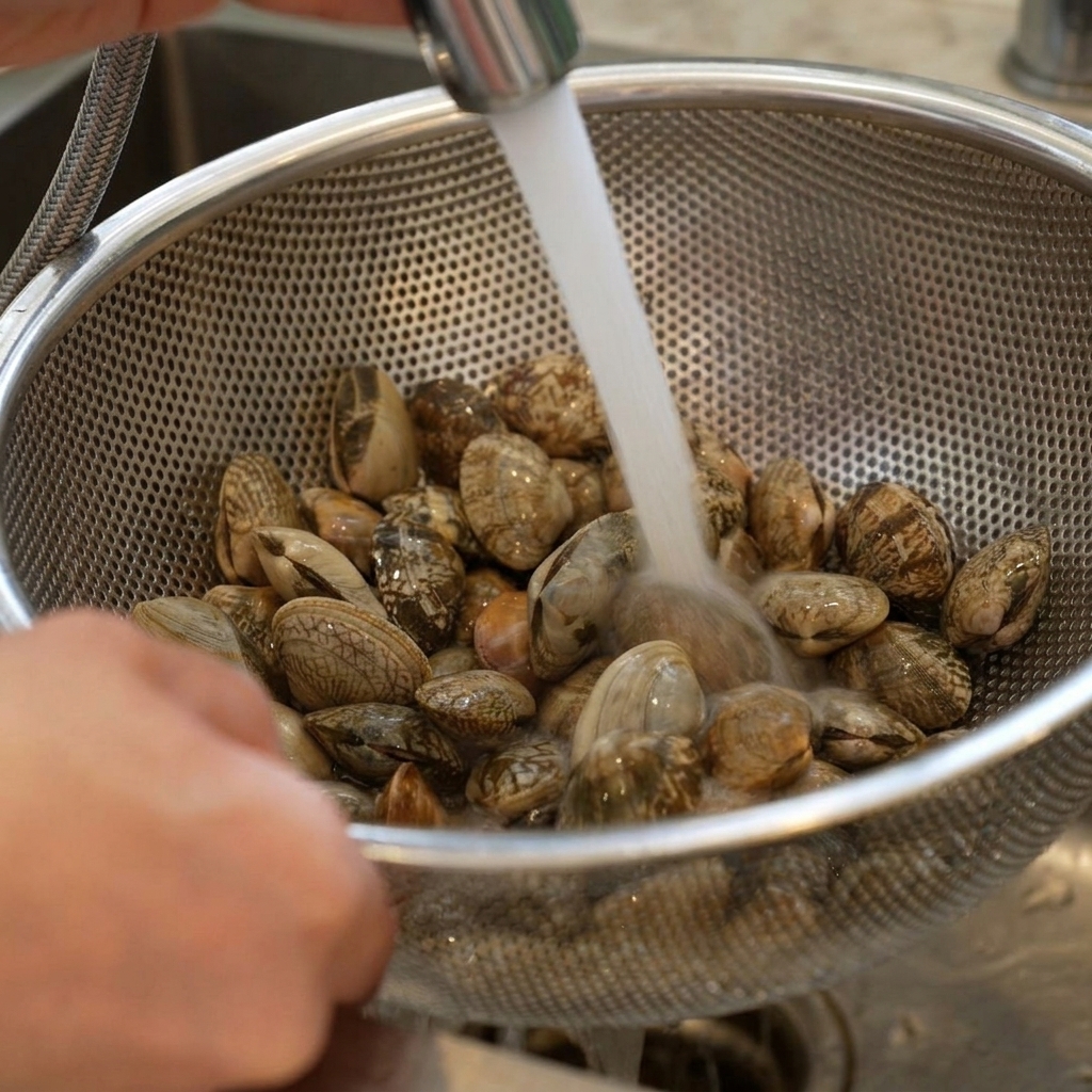 Vongole spurgate sciacquate in un colino di metallo sotto un getto di acqua fredda corrente.