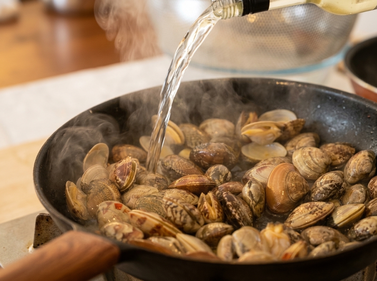 Vino bianco secco versato da una bottiglia direttamente su una padella di vongole in cottura.