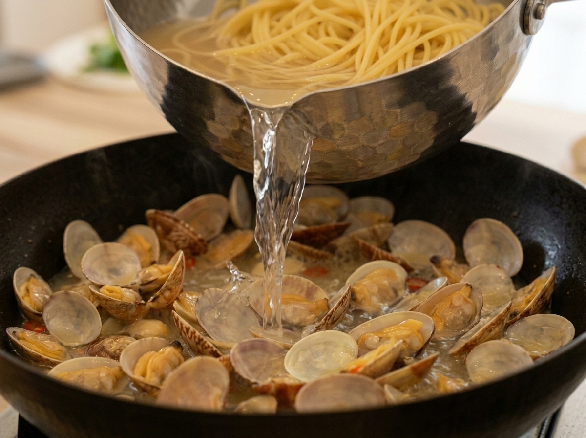 Spaghetti cotti e un po di acqua di cottura versati in una padella con le vongole e il loro brodo.