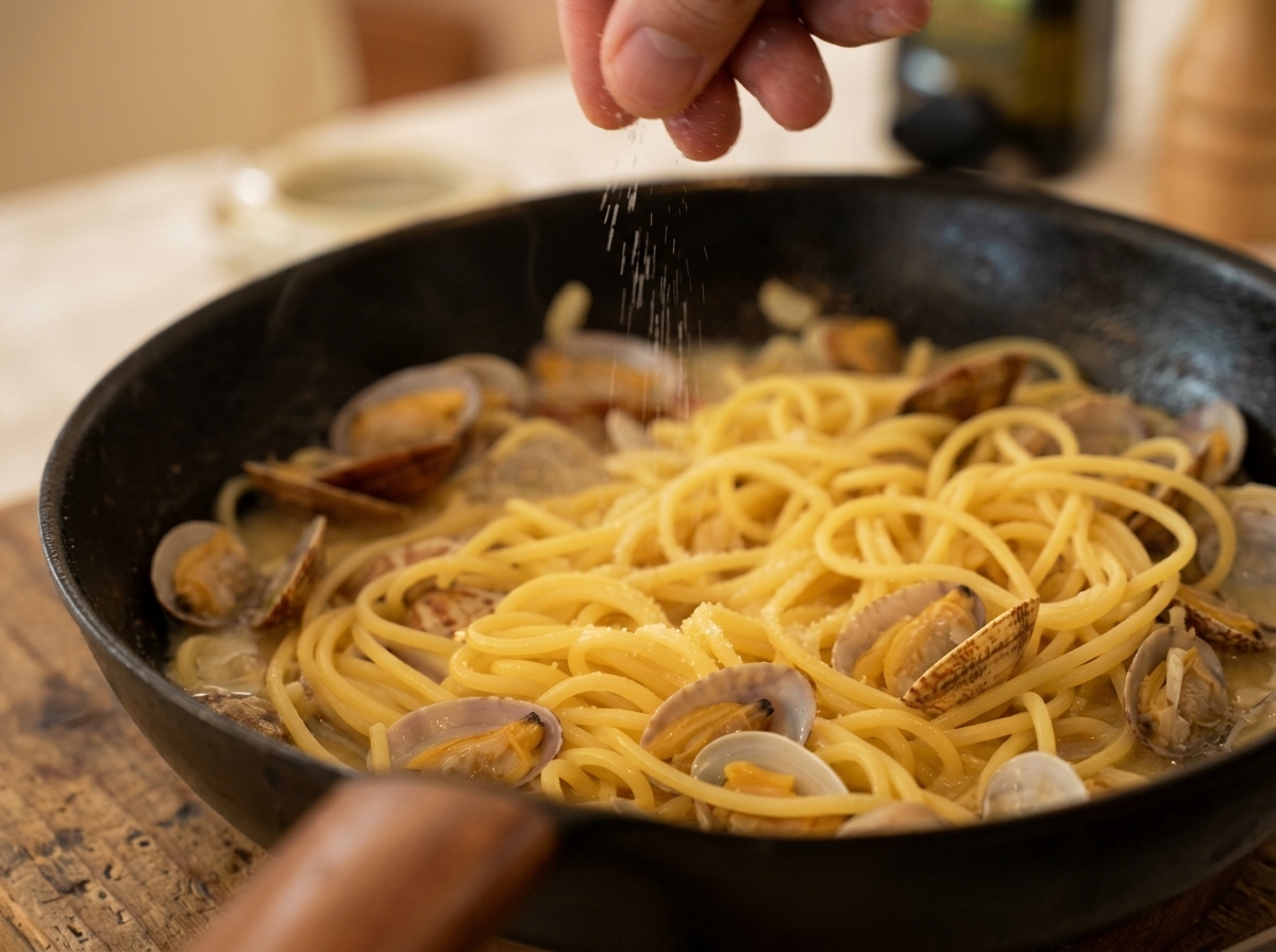 Una mano che spolvera pepe nero su una padella colma di spaghetti e vongole.