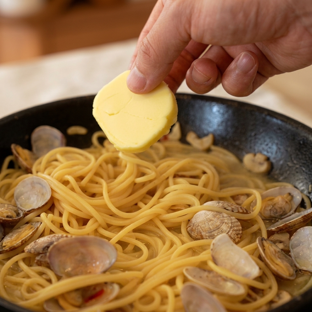 Una mano che tiene una noce di burro sopra gli spaghetti caldi e le vongole in una padella scura.