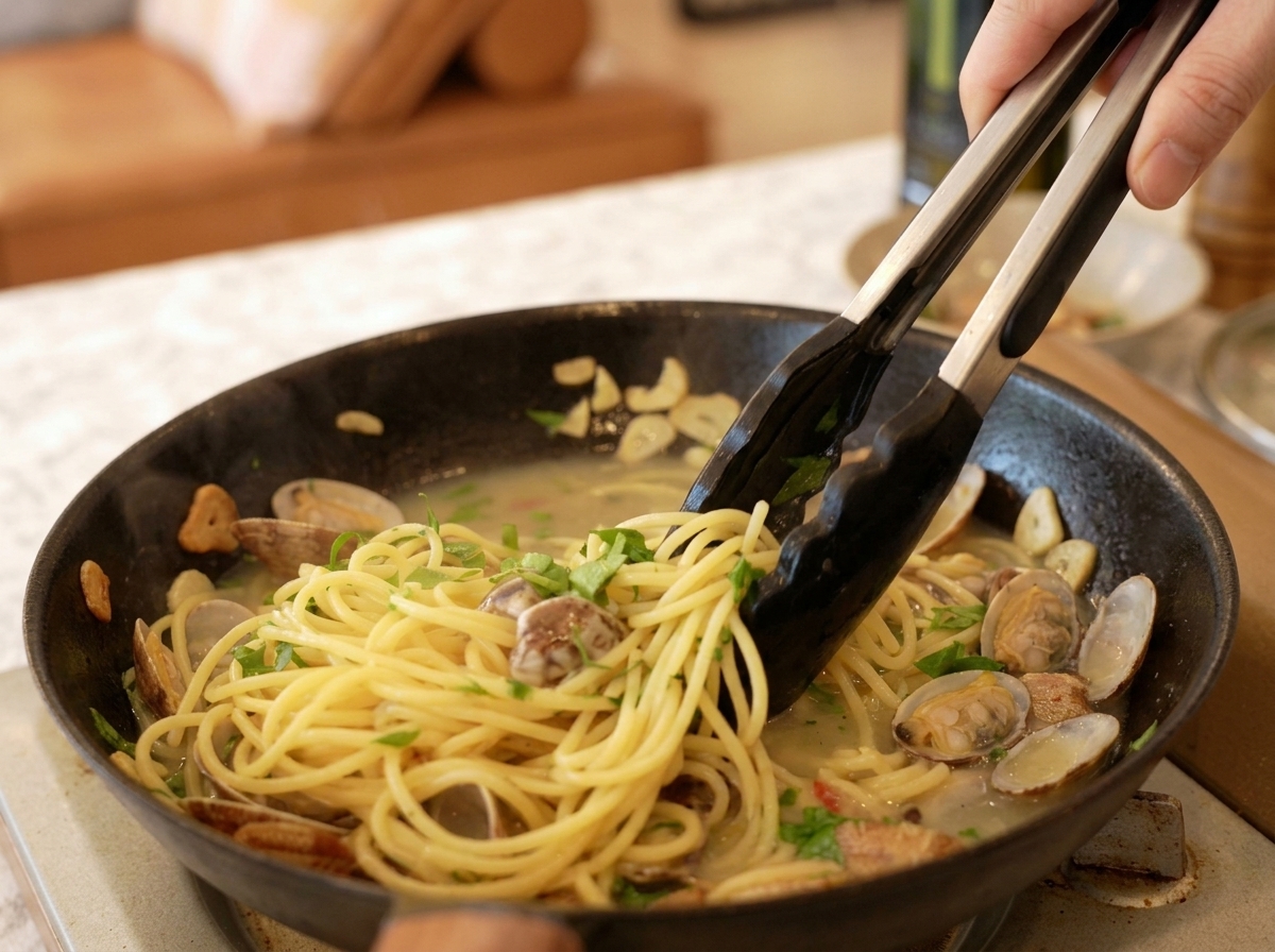 Pinze che saltano spaghetti, vongole aperte e prezzemolo verde brillante in una padella.