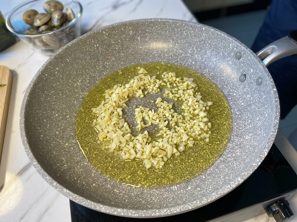 Aglio e cipolla tritati che soffriggono dolcemente nellolio doliva in una padella grigia.