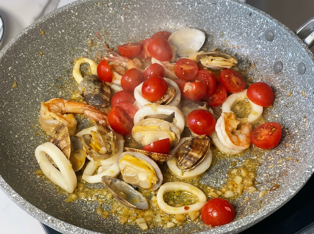 Pomodorini rossi tagliati a metà che cuociono in padella con vongole, gamberi e calamari.