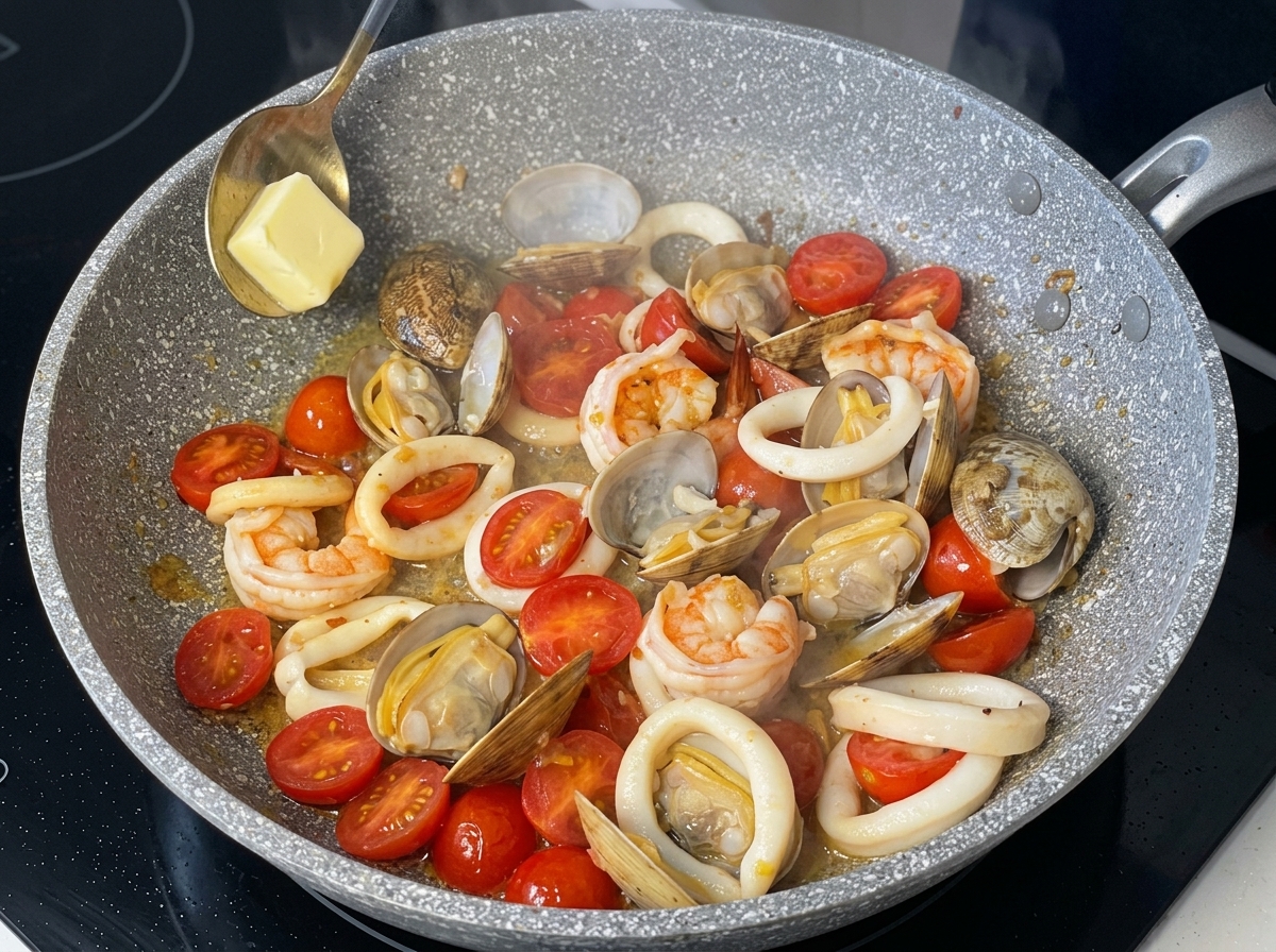 Un pezzetto di burro giallo aggiunto alla padella con pesce cotto e pomodorini.