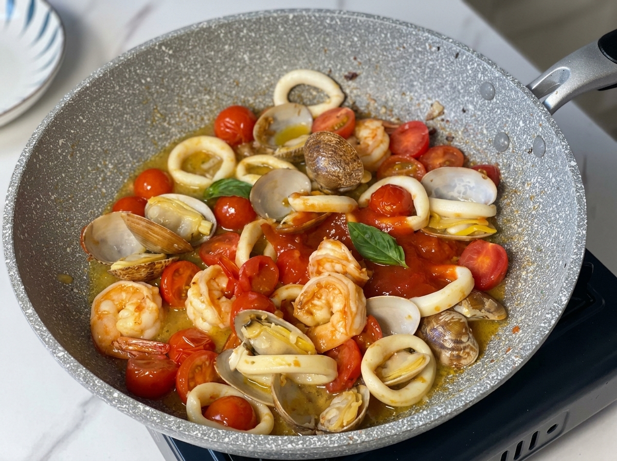 Salsa di pomodoro rossa aggiunta a una padella con gamberi, calamari, vongole e pomodorini.