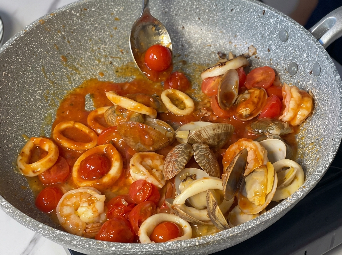 Un cucchiaio che mescola una ricca salsa rossa con frutti di mare in una padella.
