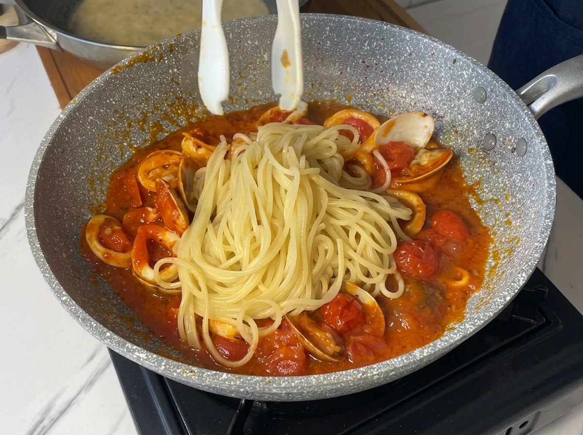Pinze bianche che versano spaghetti cotti in una padella con salsa di pesce al pomodoro.