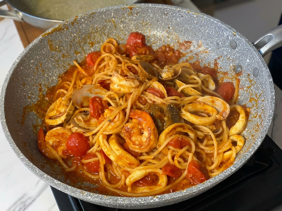 Spaghetti ai frutti di mare pronti in padella, completati e pronti per il condimento finale.