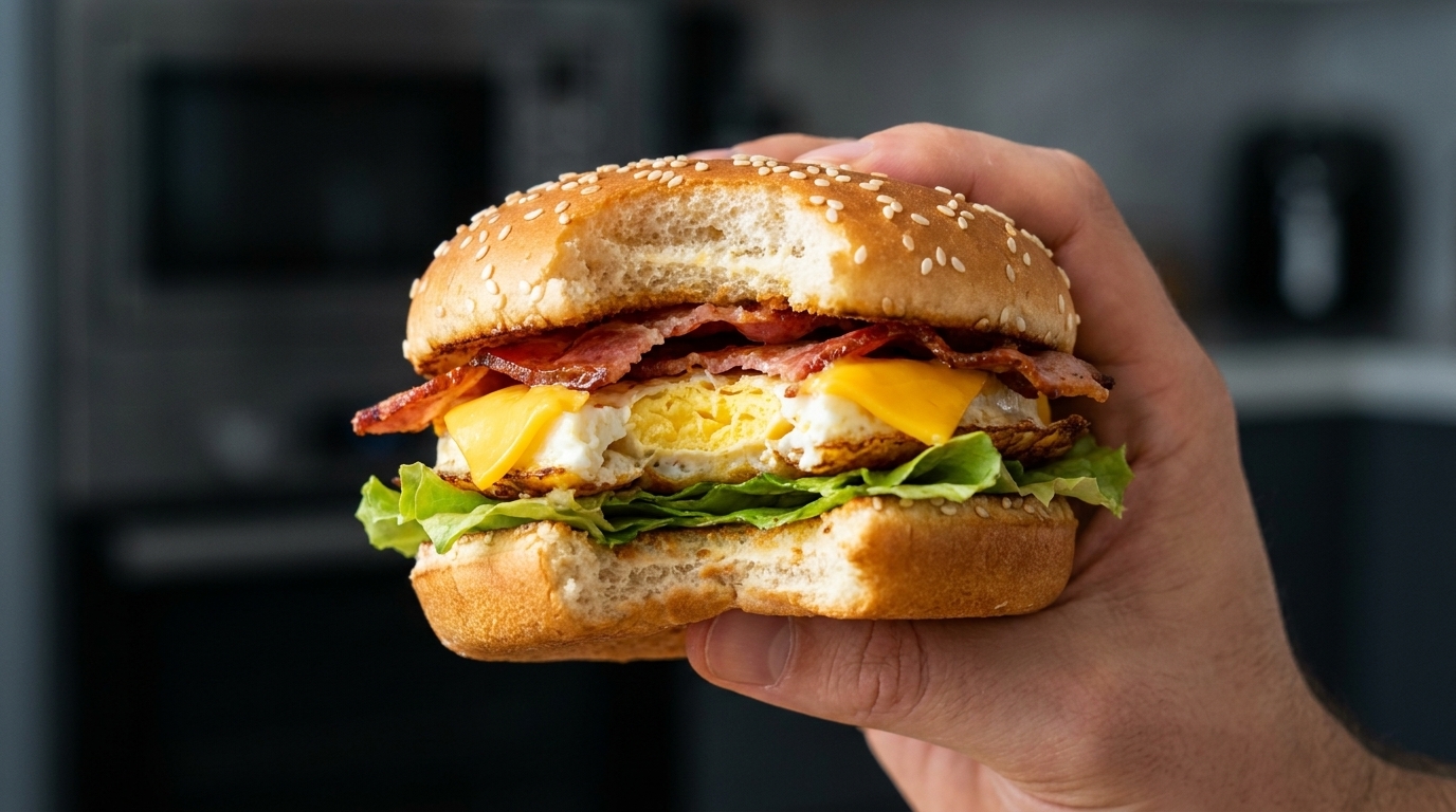 Primo piano di un ricco burger con bacon e uova, con formaggio fuso e pancetta croccante in un panino al sesamo tostato.