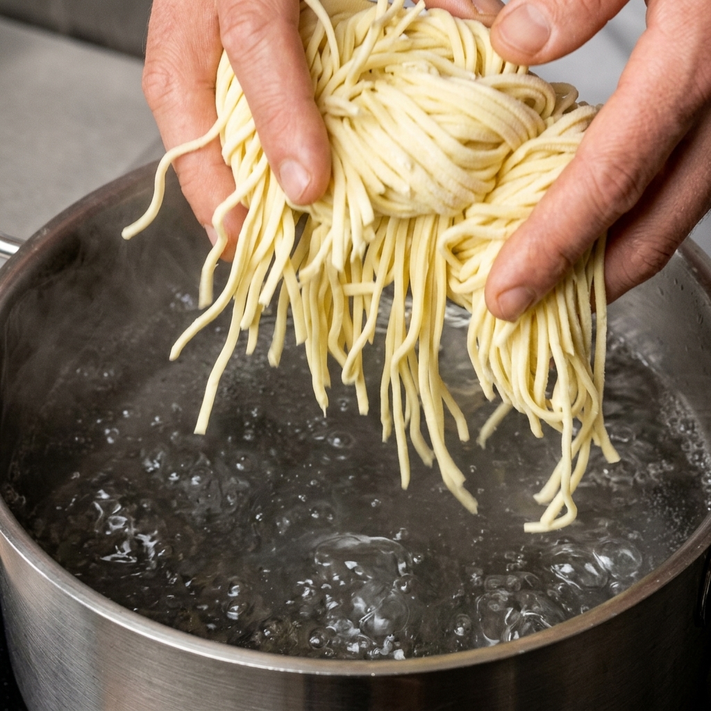 Due mani che tengono un mazzo di spaghetti spessi sopra una pentola dacciaio inossidabile con acqua in ebollizione.