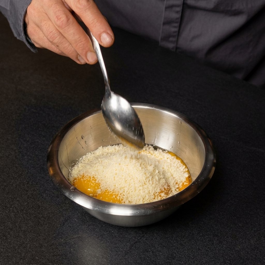 Una mano che usa un cucchiaio per aggiungere formaggio finemente grattugiato a una ciotola di acciaio inossidabile contenente le uova rotte.