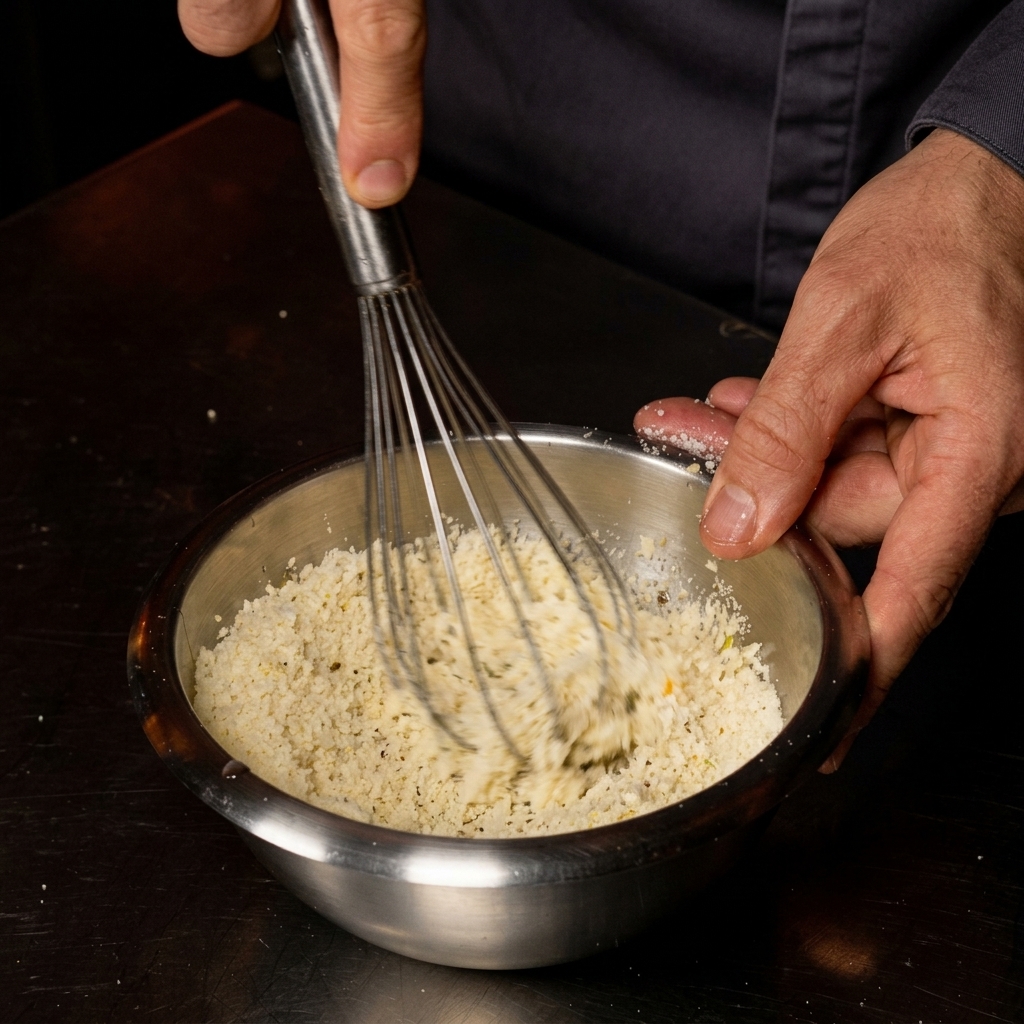 Una mano che sbatte energicamente un denso composto di uova e formaggio in una ciotola di acciaio inossidabile.
