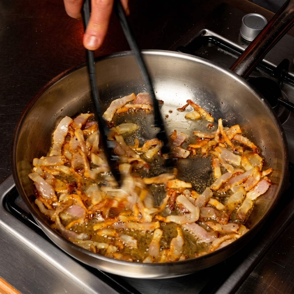 Pinze che mescolano listarelle di guanciale in una padella di acciaio inossidabile mentre friggono e rilasciano il loro grasso.