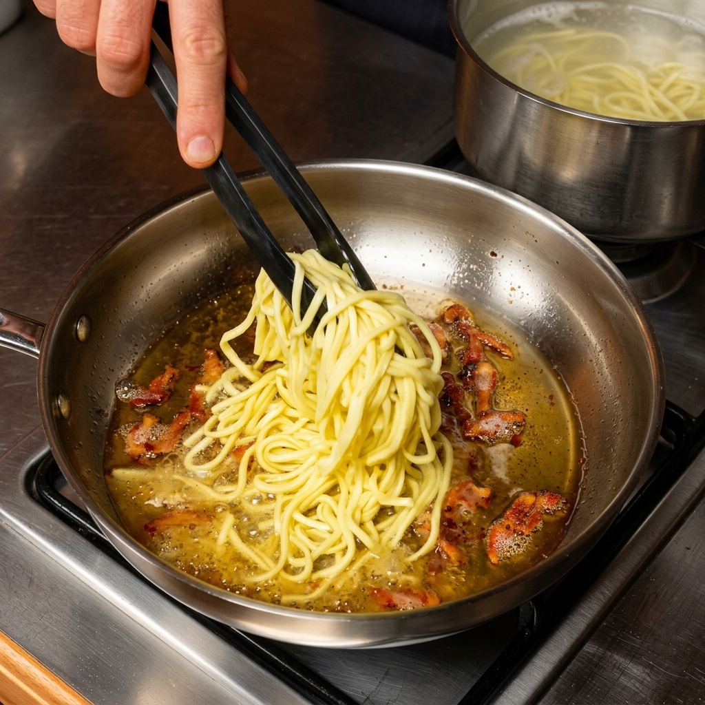 Pinze nere che sollevano spessi spaghetti dallacqua bollente per trasferirli in una padella di acciaio inossidabile piena di grasso caldo e pezzetti di guanciale rosolati.