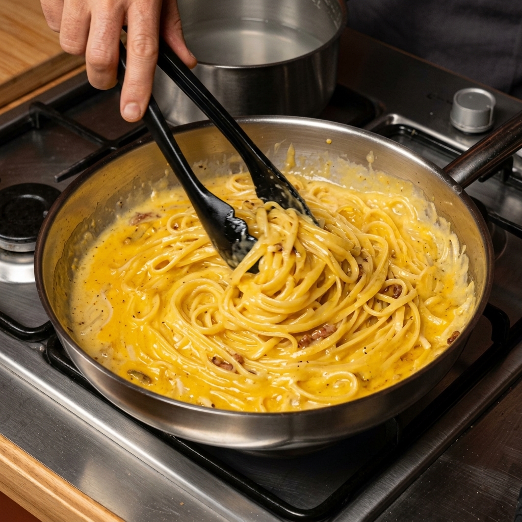 Spaghetti saltati energicamente con delle pinze in una padella, avvolti in una salsa alla carbonara cremosa, lucida e gialla, con pezzetti di guanciale.