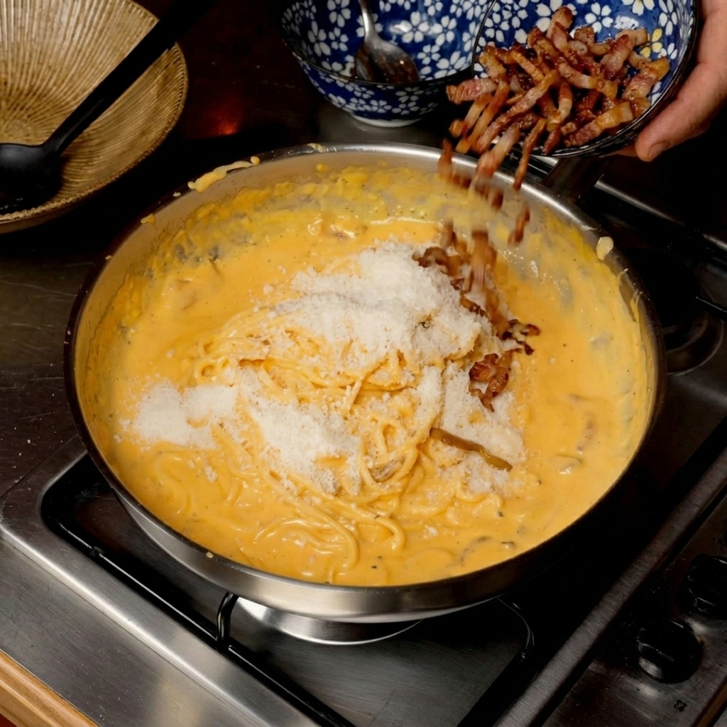 Pezzetti di guanciale fritto e croccante versati da una ciotolina sopra la pasta cremosa in una padella.
