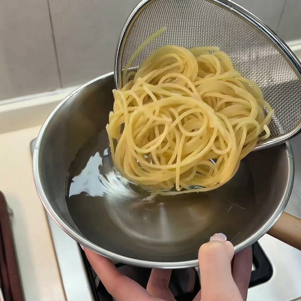 Spaghetti cotti sollevati da una pentola dacqua calda utilizzando un colino in acciaio inossidabile.