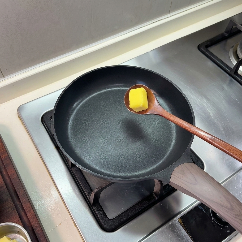 Un cubetto di burro giallo su un cucchiaio di legno sopra una padella nera riscaldata.