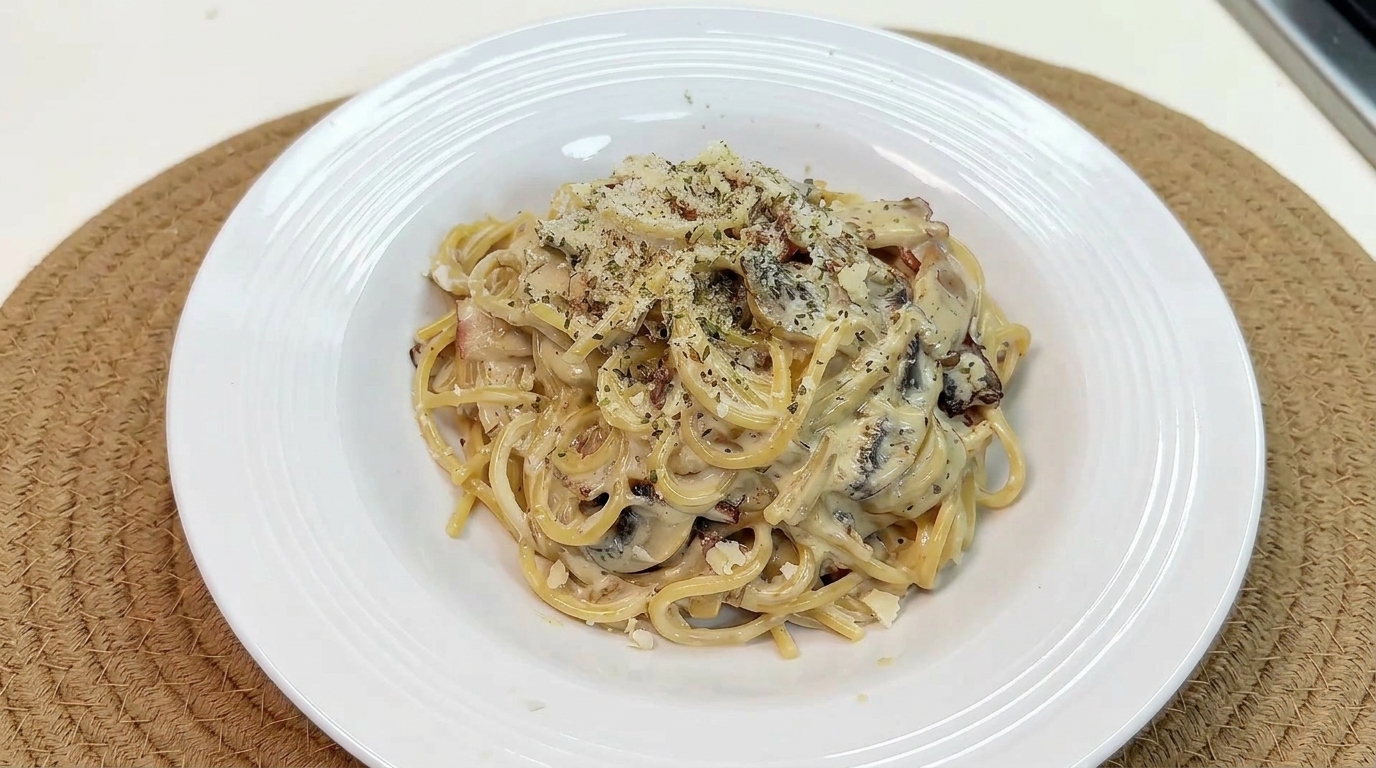 Spaghetti Cremosi con Funghi e Pancetta