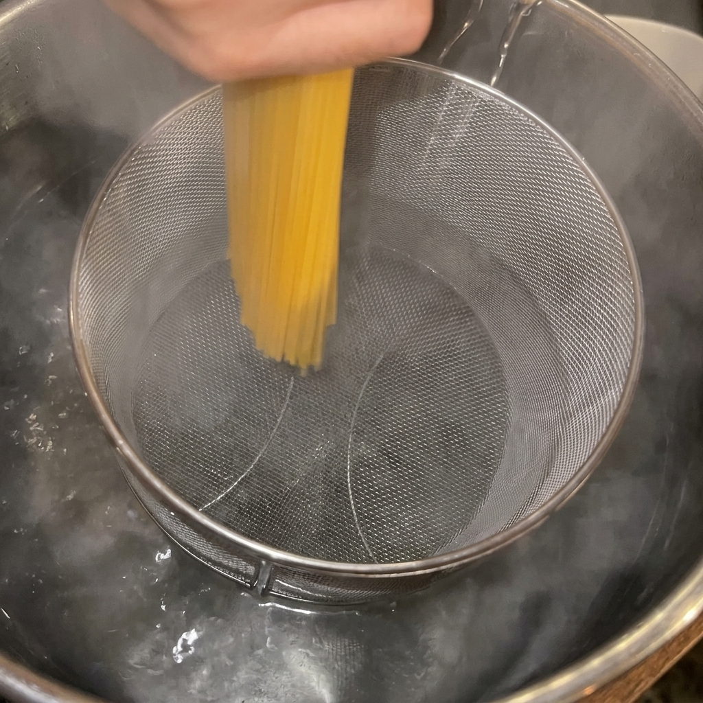 Spaghetti secchi calati in una pentola di acqua bollente attraverso un colino a rete.