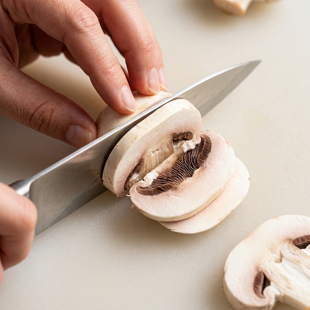 Mani che affettano regolarmente un fungo champignon bianco su un tagliere di legno.