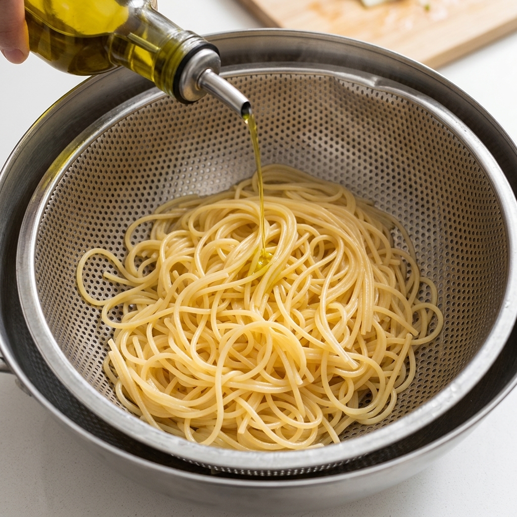 Olio doliva versato da unampolla su spaghetti appena scolati in uno scolapasta in acciaio.