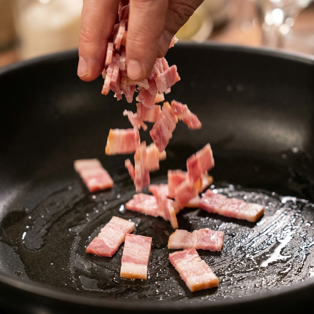 Mano che versa i pezzetti di pancetta in una padella calda e leggermente oliata.
